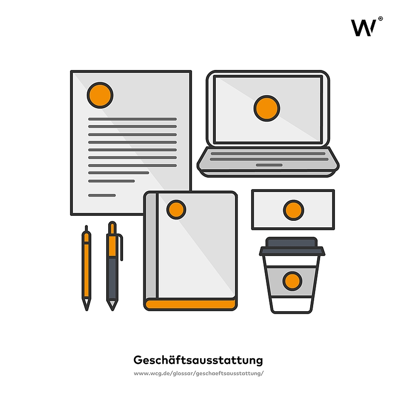 Illustration von moderner Geschäftsausstattung im Corporate Design-Stil in Orange und Grau, mit Bürobedarf, Laptop, Visitenkarte, Kaffeebecher und Schreibwaren.