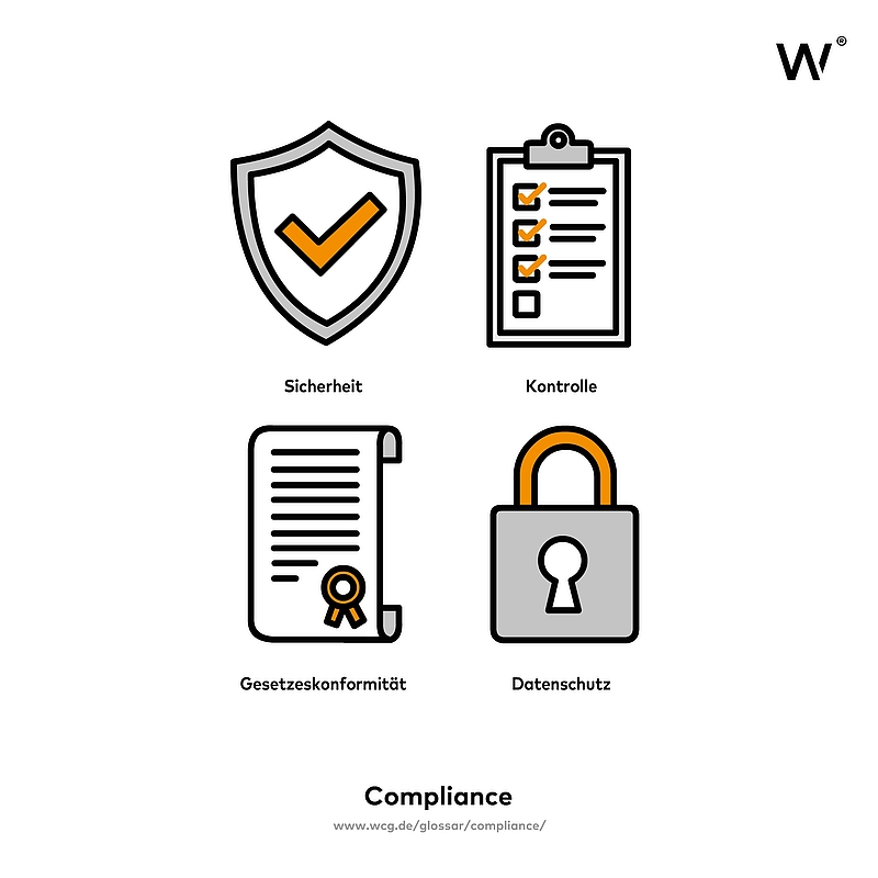 Illustration zu Compliance: Schild mit Haken, Checkliste, Urkunde und Schloss als Symbole für Sicherheit, Kontrolle, Gesetzeskonformität und Datenschutz